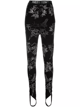Philipp Plein легинсы со штрипками и принтом Love, черный