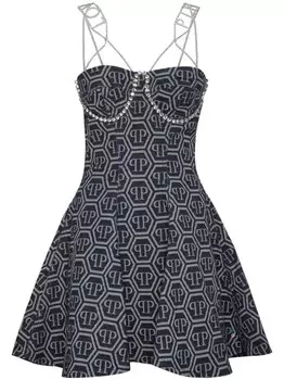 Philipp Plein мини-платье из денима с монограммой и жаккардом, синий