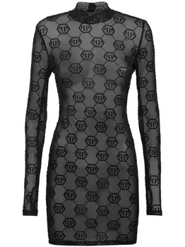 Philipp Plein платье из тюля с монограммой, черный