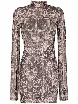 Philipp Plein платье мини из тюля с принтом New Baroque, серый