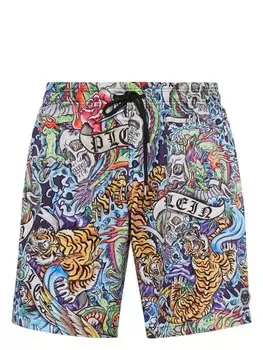Philipp Plein плавки-шорты с кулиской и принтом Tattoo, синий