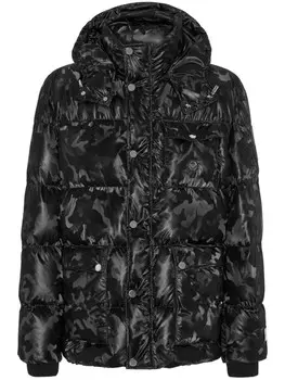 Philipp Plein пуховик с капюшоном и камуфляжным принтом, черный