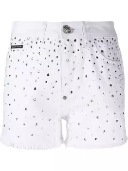 Philipp Plein шорты с кристаллами и нашивкой-логотипом, белый