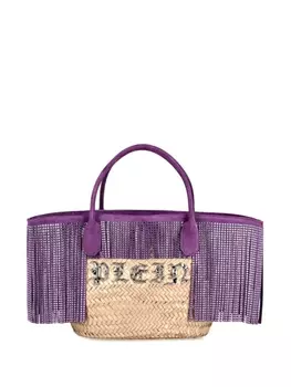 Philipp Plein сумка-тоут из рафии с бахромой, фиолетовый