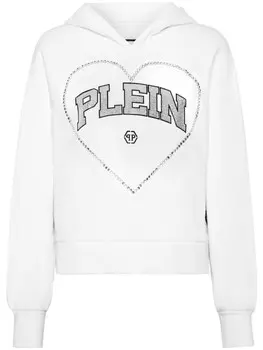 Philipp Plein толстовка с капюшоном, украшенная стразами, с мотивом в виде сердца, белый