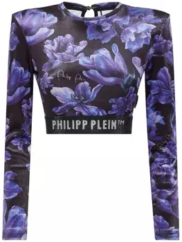Philipp Plein топ с цветочным принтом и логотипом, черный