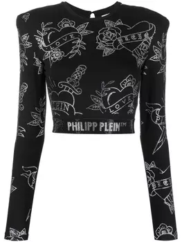 Philipp Plein топ с длинными рукавами и кристаллами, черный
