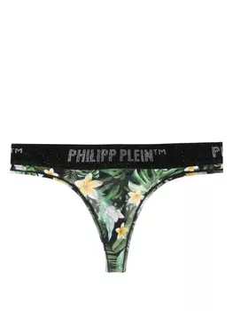 Philipp Plein трусы-стринги с гавайским принтом и логотипом, зеленый