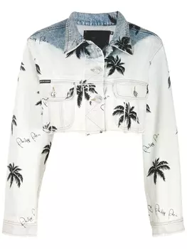 Philipp Plein укороченная джинсовая куртка с принтом Paradise, синий