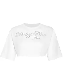 Philipp Plein укороченная футболка с логотипом и кристаллами, белый