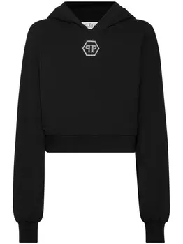 Philipp Plein укороченная толстовка с капюшоном и кристаллическим логотипом, черный