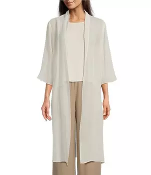 Пиджак Eileen Fisher из прозрачного шелкового жоржета с рукавами 3/4 и открытым передом с разрезом по бокам, бежевый