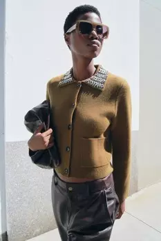 Пиджак из 100% шерсти с драгоценными лацканами ZARA, темный хаки