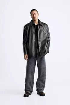 Пиджак из кожи винтажный эффект ZARA, коричневый