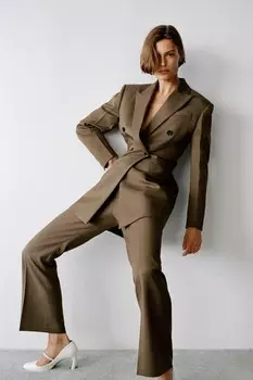 Пиджак из шерстяной смешанной ткани в тонкую полоску ZARA, хаки