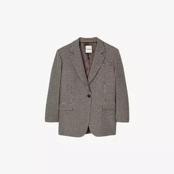 Пиджак из шерстяной ткани с узором в клетку и зазубренными лацканами Sandro, синий