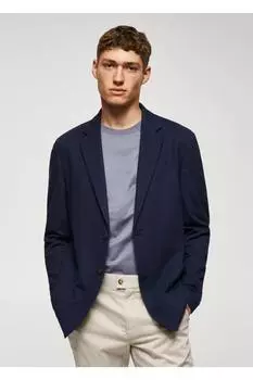 Пиджак приталенного кроя из формованного хлопка Mango, темно-синий