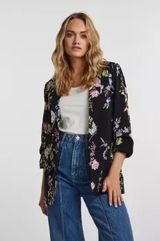 Пиджак с цветочным принтом и присборенными рукавами Pieces, черный