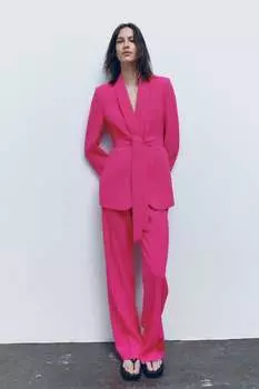 Пиджак с воротником смокинга с поясом ZARA, неон фуксия