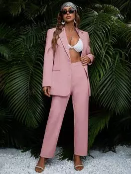 Пиджак женский и брюки Shein Priv с длинными рукавами, розовый