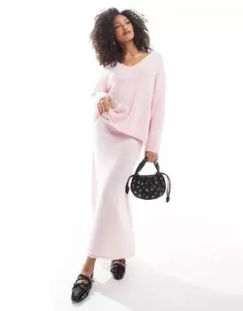 PIECES длинная юбка из пушистой трикотажной ткани розового цвета (часть комплекта)