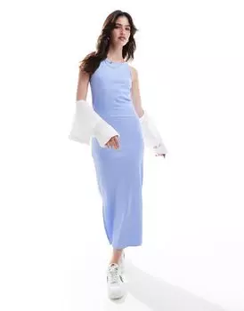 Pieces – длинное синее платье с воротником-борцовкой