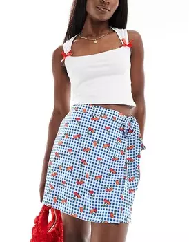 Pieces – Мини-юбка с запахом спереди с принтом в клетку и вишню