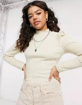 Pieces – топ кремово-белого цвета с водолазкой и объемными рукавами