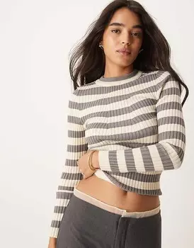 Pieces – Топ в рубчик с длинными рукавами из плотного трикотажа с ярким полосатым узором серого цвета
