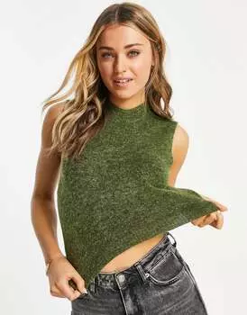 Pieces – зеленый вязаный укороченный топ без рукавов зеленого цвета с высоким воротником