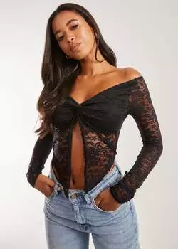 Pink Vanilla Черный кружевной топ с длинными рукавами и бабочкой