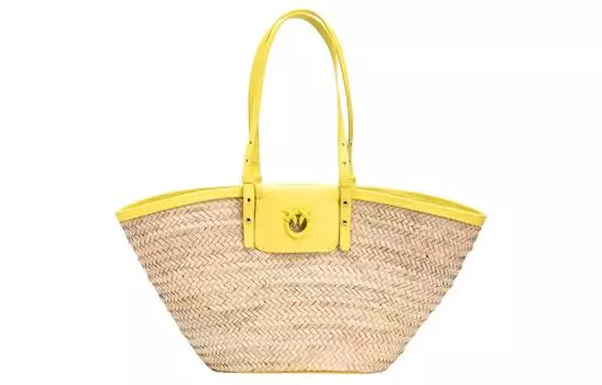 PINKO Сумка-тоут из коровьей кожи, рафии, сумка для покупок, сумка через плечо, женская сумка-туба цвета хаки и желтого