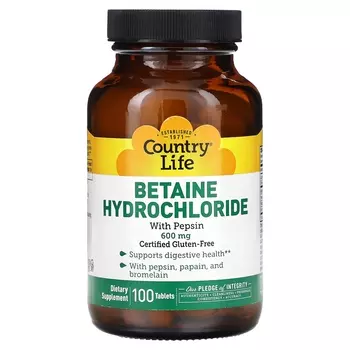 Добавка Country Life Бетаина гидрохлорид с пепсином 600 мг, 100 таблеток
