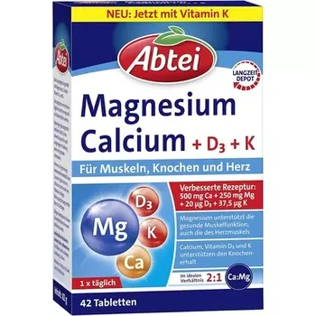 Пищевая добавка Магний Кальций D3 K для мышц, костей, сердца и нервной системы 42 таблетки, Abtei