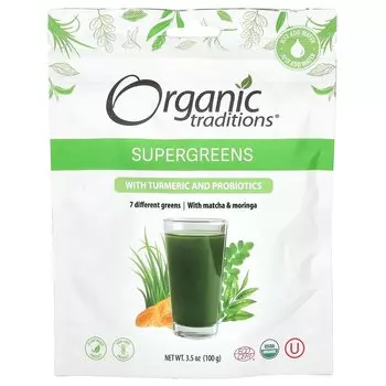Добавка Organic Traditions Supergreens with Turmeric and Probiotics, 100 г