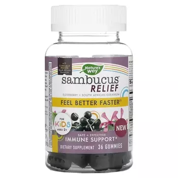 Добавка - Поддержка Иммунитета для Детей Nature's Way Sambucus Relief, бузина и южноафриканская герань, 36 жевательных таблеток