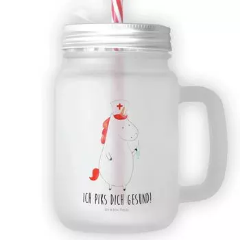 Питьевая стеклянная банка «Мистер и миссис Панда» Mason Jar Единорог Медсестра — прозрачная — подарок, медсестра «Спасибо», подарок доктору, единороги, стеклянная завинчивающаяся крышка Mr. & Mrs. Panda, белый