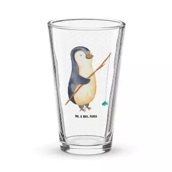 Питьевой стакан Mr. & Mrs. Panda Premium Penguin Angler - прозрачный - подарок, идея подарка, бокал для коктейля, бокал для пива, перезапуск, стакан для воды, пингвины, мечтательный, рыбак, белый
