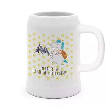 Пивная кружка Mr. & Mrs. Panda Unicorn Mountaineer - белая - подарок, единорог, единороги, украшение в виде единорога, Пегас, 0, путешественник, исследователь, искатель приключений, керамическая кружка для пива, белый