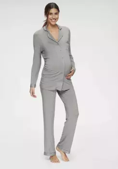 Пижама для беременных LASCANA (2 шт.), с планкой на пуговицах и рюшами по боковому шву, серый