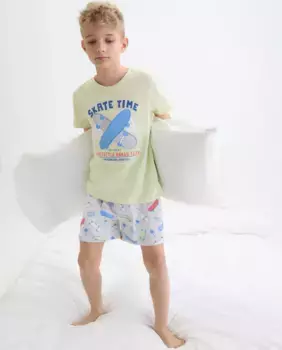 Пижама для мальчика со скейтбордами, серые брюки, аоп Cotton Juice, зеленый