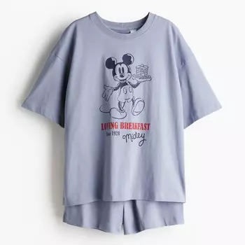 Пижама H&M Printed Mickey Mouse, серо-синий
