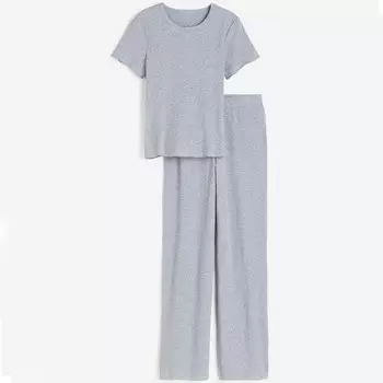 Пижама H&M Ribbed Top And Pants, светло-серый
