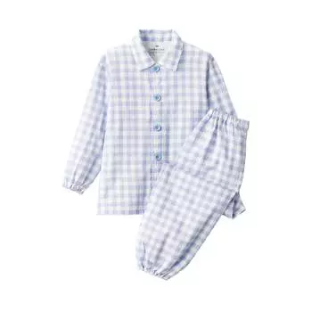 Пижама из двойной марли без боковых швов (детская) MUJI, светло-голубая клетка