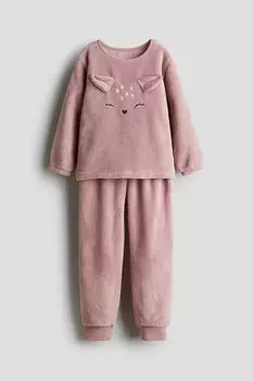 Пижама из флиса Тедди с аппликациями H&M, розовый