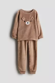Пижама из флиса тедди с аппликациями H&M, коричневый