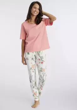 Пижама LASCANA (2 шт.) с элегантным цветочным узором, цвет Peach, Ecru Gemustert
