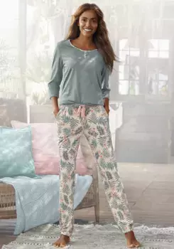 Пижама LASCANA (2 шт.), с брюками с рисунком, зеленый