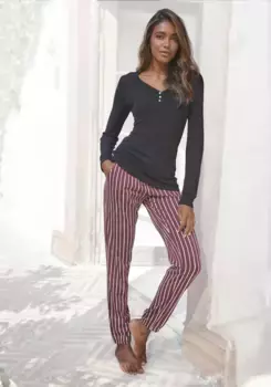 Пижама LASCANA (2 шт.), с рубашкой в рубчик с длинными рукавами, бордовый