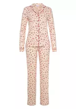 Пижама LASCANA с зимним принтом, цвет Ecru-Tiefrot
